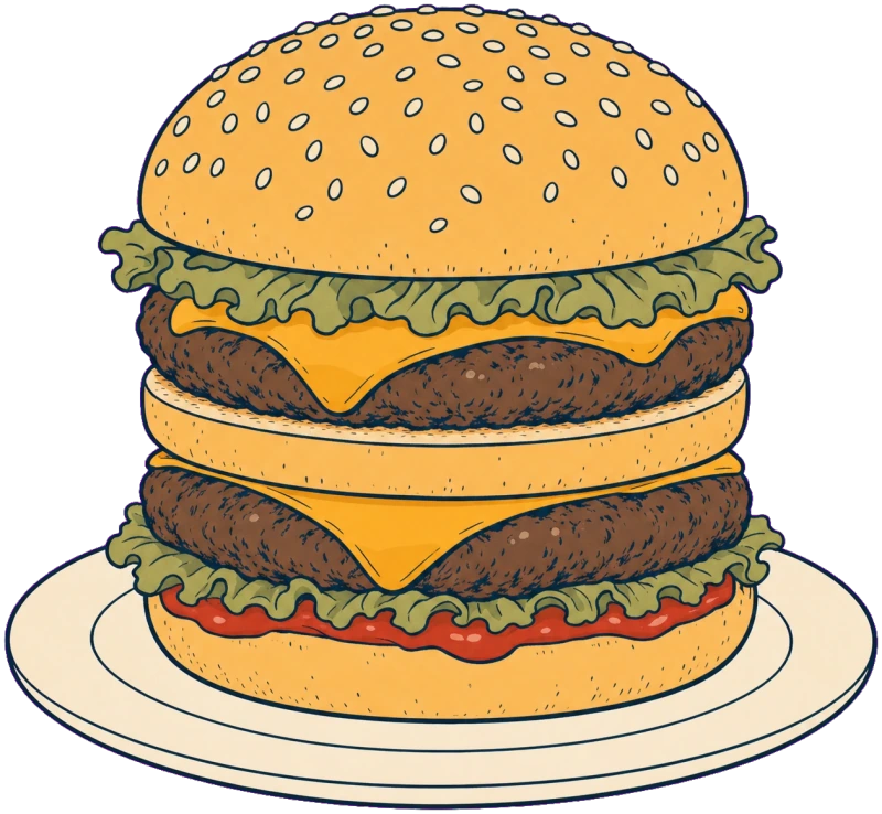 Illustration of a classic double-decker burger with a sesame seed bun on a small plate.