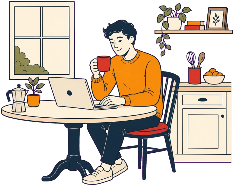 Illustration of a relaxed person sitting at a kitchen table with a laptop and a cup of coffee, soft morning light coming through a window.