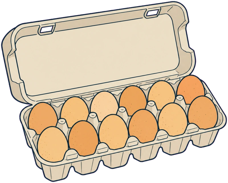 Illustration of an open carton holding a dozen eggs.