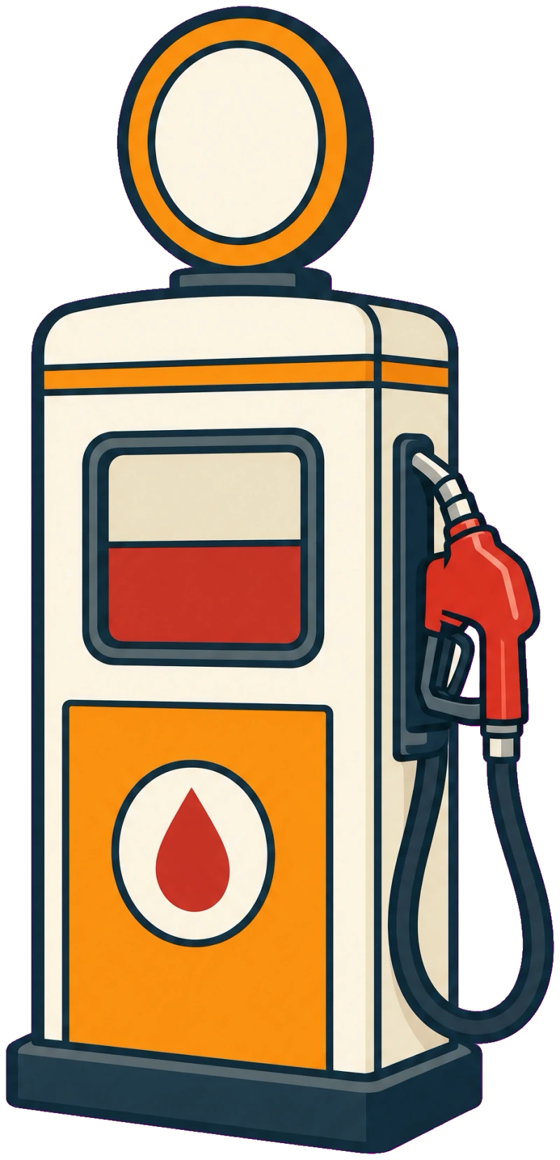 Illustration of a classic fuel pump with a nozzle and hose.