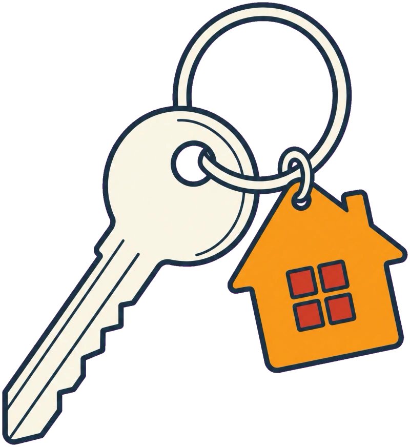 Illustration of a door key with a house-shaped keychain tag.