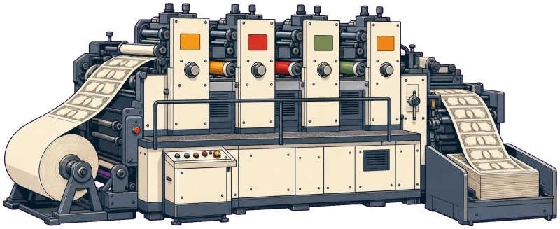 Illustration of a printing press calmly producing sheet after sheet of paper currency.